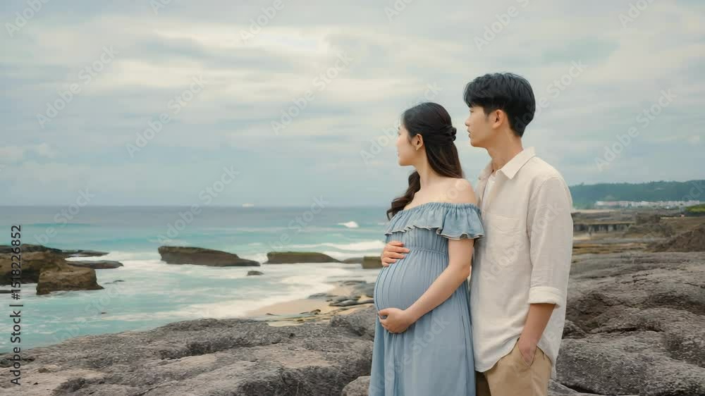 An Asian couple expecting a baby stands by the ocean, holding the woman’s belly. Concept of love and family anticipation. An Asian couple expecting a baby stands by the ocean, holding the woman’s belly. Concept of love and family anticipation.
