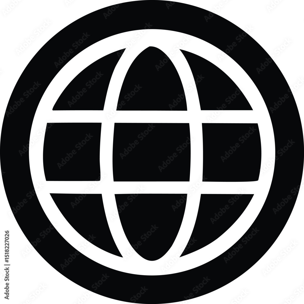 Bold black and white globe icon representing global connectivity and international reach Bold black and white globe icon representing global connectivity and international reach