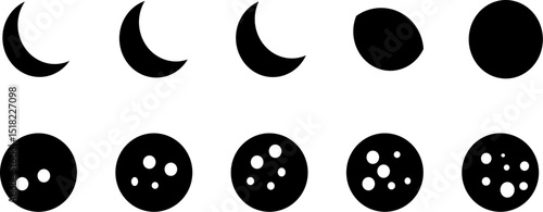 Minimalist black and white moon phase icon set for modern, celestial-themed design and spiritual aesthetics.