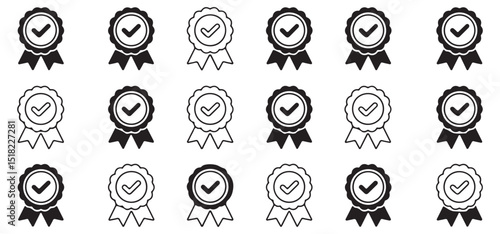 Award Ribbon Icons – Set of Various Black and White Ribbon Designs with Check Mark for Recognition and Success