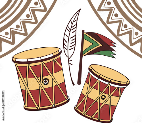 Wooden traditional djembe drum, a musical percussion instrument with leather, intricate design, and ethnic culture