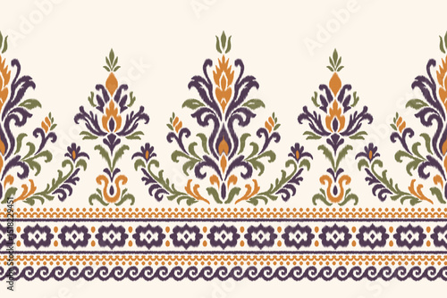 Thai border ikat pattern with traditional floral motifs in orange, green and indigo on cream background, seamless ornamental textile design perfect for fabric, fashion, crafts, and decor.