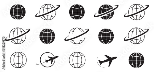 Globe and Flight Path Icons – Set of Globe Designs with Airplane for Aviation, Business, and Tourism Use