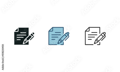 Set of Three Document and Pen Icons in Filled, Colored, and Outline Styles