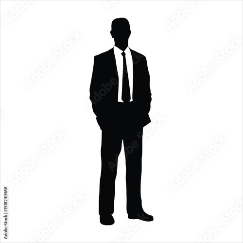 A striking silhouette of a businessman in a suit stands confidently against a white background professional corporate attire success leadership businessperson style elegant formal wear fashion model.