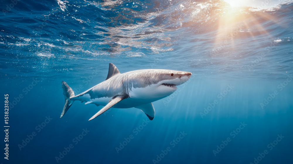 Fototapeta premium A great white shark swims beneath the ocean's surface, illuminated by sunlight streaming through the water.