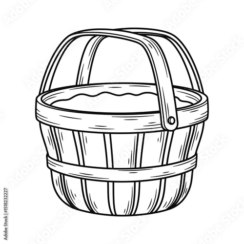 Vintage wooden bucket filled with water in a sketch style  