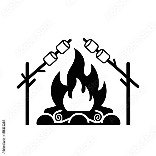Black Campfire Icon with Roasting Marshmallows  