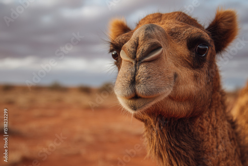 wild feral camel in australian red dirt outback desert