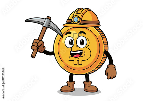 Bitcoin Mining Cartoon Cryptocurrency Miner Mascot Illustration, Digital Currency Mining Concept, Fun Crypto Illustration, Blockchain Technology Character Design, Gold Coin Miner Character