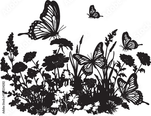 Elegant Black and White Butterfly and Wildflower Illustration Nature's Grace in Silhouette
