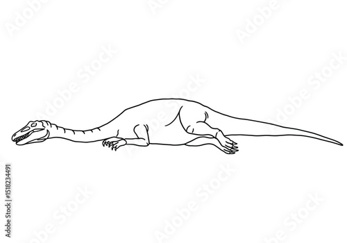 Dead dinosaur drawing. It is a black and white outline image of a deceased dinosaur, likely a large sauropod or similar, lying on the ground. Vector sketch line art draw.