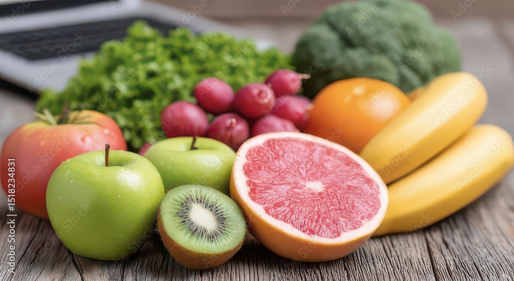 Fresh Fruits and Vegetables on Wooden Surface Fresh Fruits and Vegetables on Wooden Surface