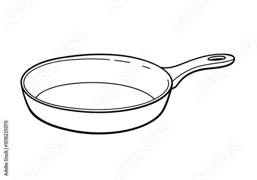 Pan drawing. It is a black and white outline image of a simple pan with a handle, suitable for various cooking illustrations. Vector sketch line art draw.