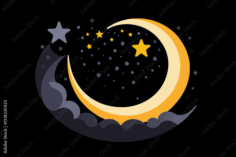 Naklejka premium Cartoon Crescent Moon with Stars and Clouds Illustration - Night Sky Vector Graphic for Childrens Books - Dreamy Celestial Art with Dark Background