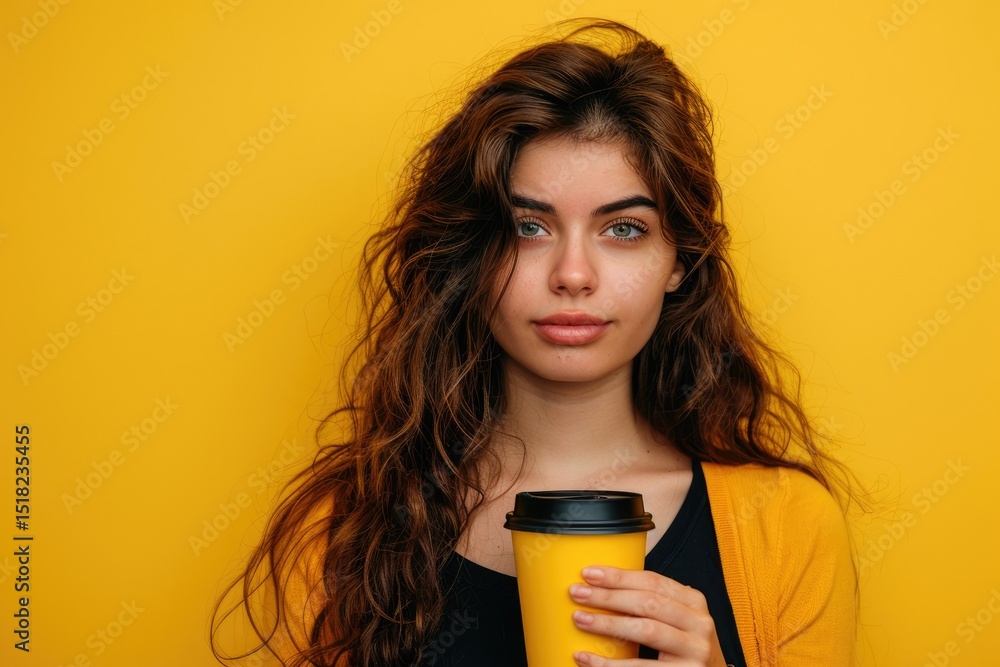 Young Argentinian Woman Holding Cup of Coffee Isolated on Yellow Background with Sad Expression Young Argentinian Woman Holding Cup of Coffee Isolated on Yellow Background with Sad Expression