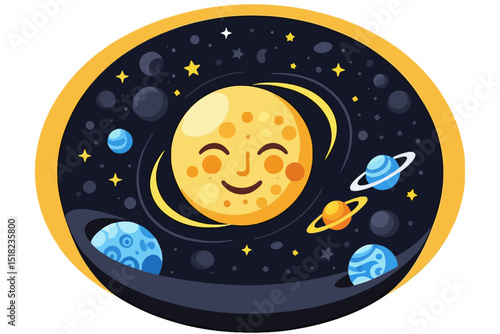 Cartoon Solar System Illustration with Planets, Stars and Smiling Sun- Space Exploration and Astronomy Theme for Kids- Educational Graphic Design