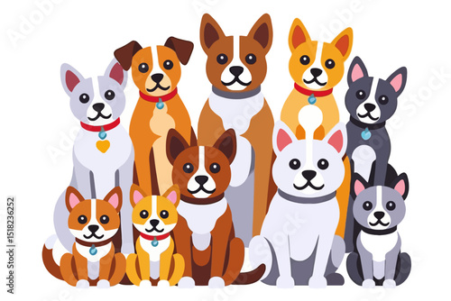 Cute Cartoon Dog Breeds Illustration - Adorable Puppy Group with Collars - Vector Art for Kids and Pet Lovers