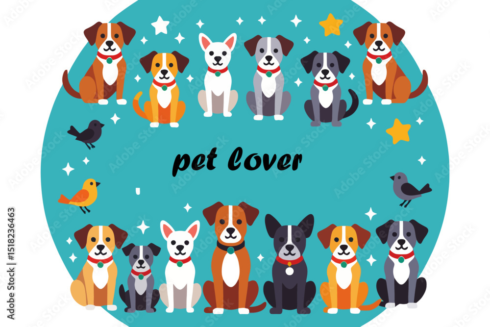 Fototapeta premium Cute Cartoon Dogs Illustration with Birds and Stars- Perfect for Pet Lovers- Dog Breeds Graphic Art- Whimsical Animal Artwork