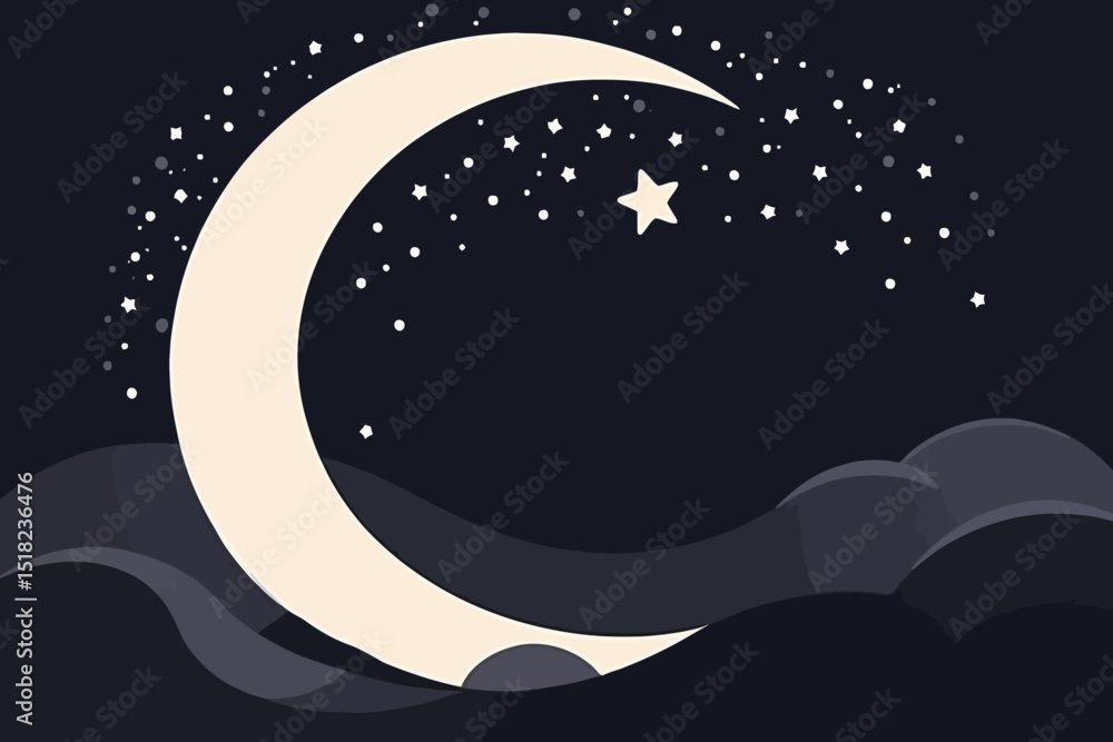 Obraz premium Cute Cartoon Moon and Stars Night Sky Illustration-Dreamy Crescent Moon with Stars and Clouds-Vector Graphic for Children and Baby Room Decor-Magical Nighttime Scene