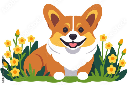 Cute Corgi Dog Cartoon Illustration in Flower Garden- Happy Welsh Corgi Puppy Sitting Amongst Yellow Flowers- Adorable Dog Breed with Smiling Face Graphic