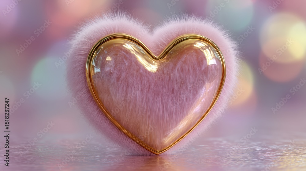 Fototapeta premium Fluffy Glass Heart with Pink Fur and Gold Sparkle Accents