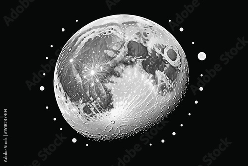 Detailed Moonscape with Craters and Lunar Surface Textures in High Resolution-Black and White Moon Image with Surrounding Celestial Dots-Astronomy Photography of Earths Moon