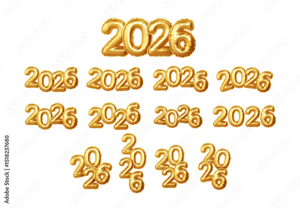Naklejka premium Golden 2026 Balloons Set Vector Illustration, Isolated Collection of Bright Shiny Numbers, Festive New Year Decor, Vibrant and Eye Catching Design Perfect for Celebratory Background.