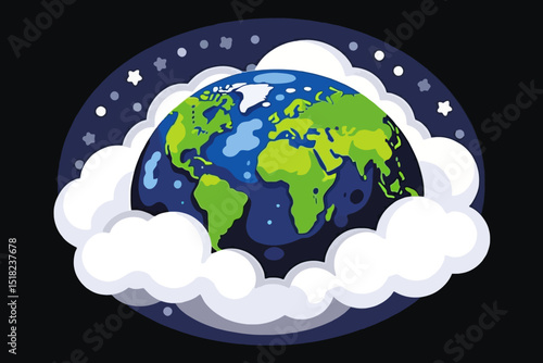 Earth in Clouds Illustration - Globe with Continents and Oceans - Night Sky Background with Stars and Dots - Creative Planet Design for Education and Awareness