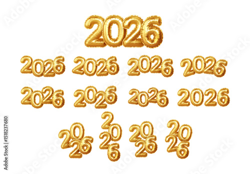 Golden 2026 Balloons Set Vector Illustration, Isolated Collection of Bright Shiny Numbers, Festive New Year Decor, Vibrant and Eye Catching Design Perfect for Celebratory Background.
