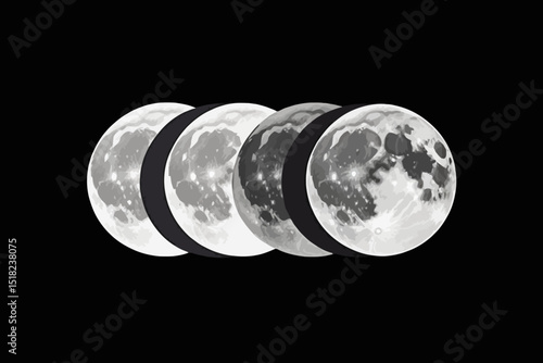 Full Moon Phases Illustration on Black Background- Lunar Cycle Stages Depicted- Astronomy Concept for Science and Nature Education