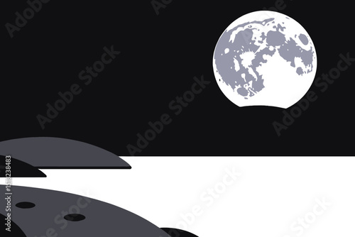 Minimalist Moonscape Illustration - Full Moon Over Dark Landscape - Modern Lunar Graphic Design - Night Scene Artwork