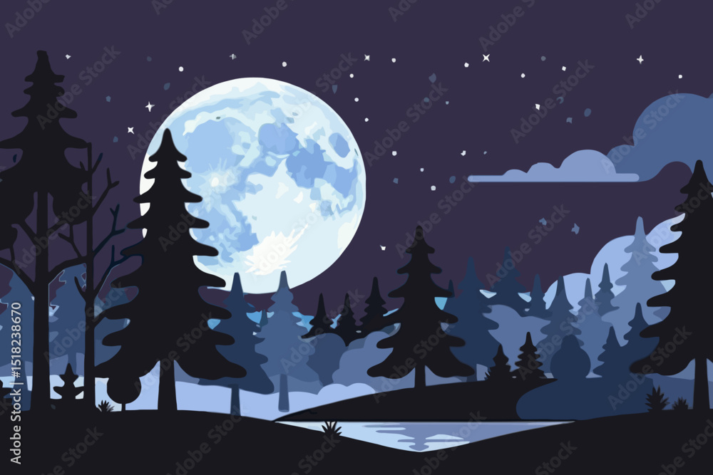 Naklejka premium Night Forest Landscape with Full Moon and Stars Illustration - Dark Silhouettes of Trees Against a Starry Sky and Clouds over Water Scenery