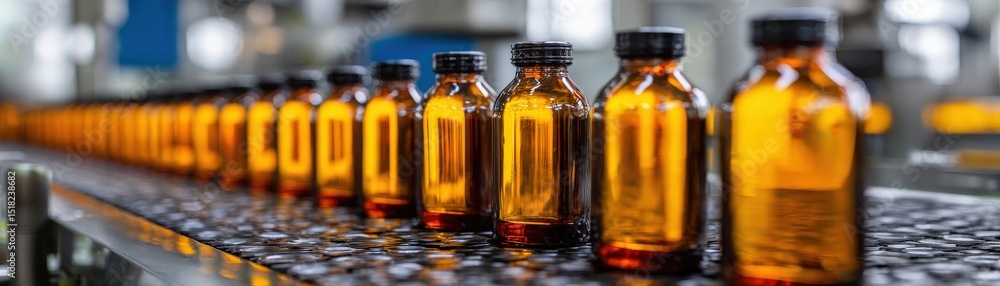 Amber glass bottles are lined up on a conveyor belt in a pharmaceutical or manufacturing facility. Amber glass bottles are lined up on a conveyor belt in a pharmaceutical or manufacturing facility.