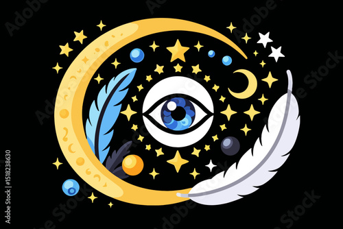 Mystical Eye Moon and Stars Art- Bohemian Illustration with Feathers- Spiritual Cosmic Design for Astrology and Dream Catchers