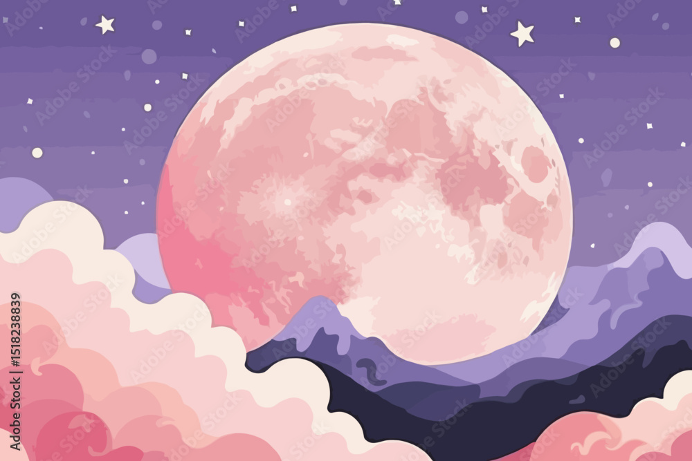 Fototapeta premium Pink Full Moon Over Mountains and Clouds Illustration - Dreamy Night Sky with Stars - Pastel Colors Lunar Landscape Artwork
