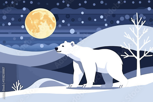 Polar Bear Under Full Moon in Snowy Arctic Landscape Illustration - Winter Scene with Wildlife and Nature - Graphic Art for Posters and Prints