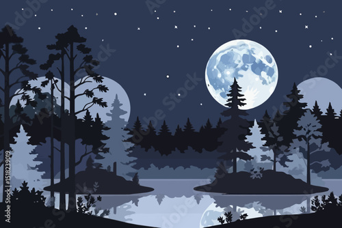 Serene Night Landscape with Full Moon over Forest Lake Reflection- Peaceful Nighttime Scene with Stars and Trees- Beautiful Moonlit Scenery Illustration