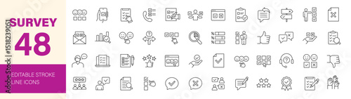 Survey icon set. Containing feedback, review, opinion, research, questionnaire, poll, data collection, satisfaction, exam, task and more. Editable line icons. Vector illustration.