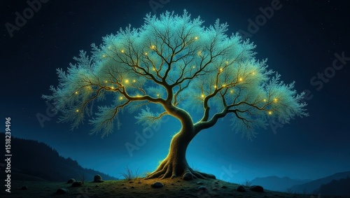 Enchanting Glowing Tree at Night Mystical Fantasy Landscape Digital Art