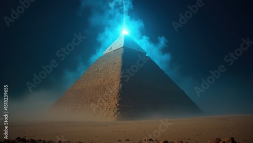 Mysterious Ancient Pyramid at Night with Eerie Blue Lightning Strike