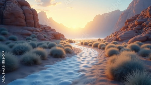 Serene Sunset Vista Sandy Creek Path Through Desert Canyon at Golden Hour
