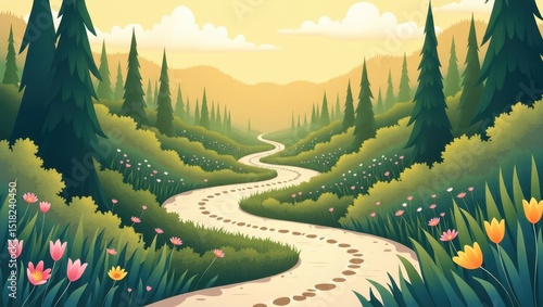 Winding Path Through Lush Green Forest Landscape with Footprints Spring Flowers and Soft Sunlight