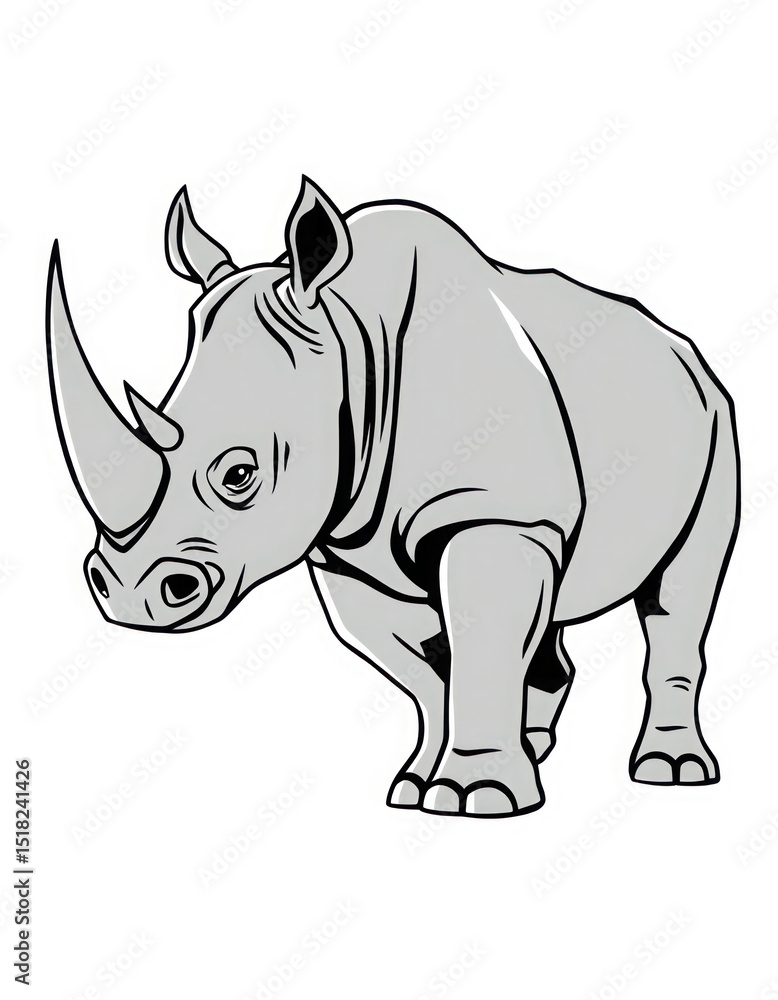 Fototapeta premium Powerful Rhino Illustration, Wildlife Art, Grey Rhinoceros Drawing