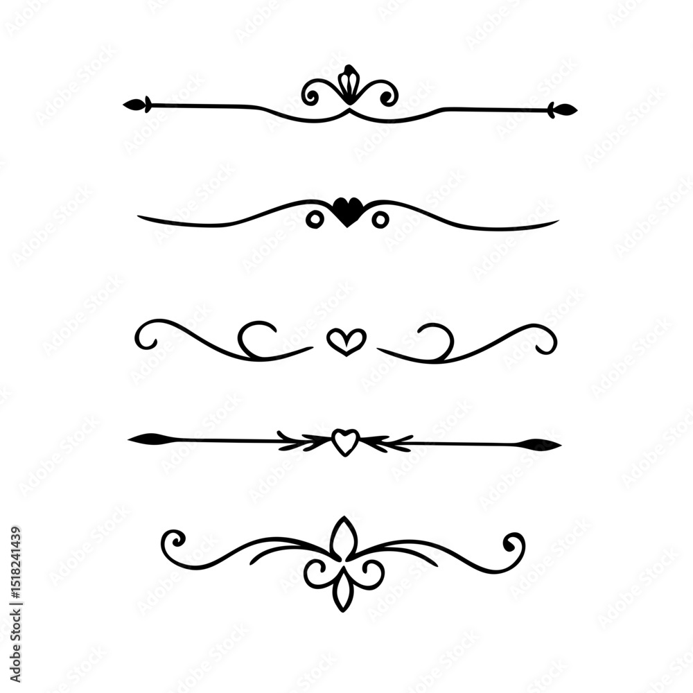 Text dividers doodle set. Wedding decorative elements. Divider ornament, borders, vintage line separators. Hand drawn vector illustration isolated on white background Text dividers doodle set. Wedding decorative elements. Divider ornament, borders, vintage line separators. Hand drawn vector illustration isolated on white background