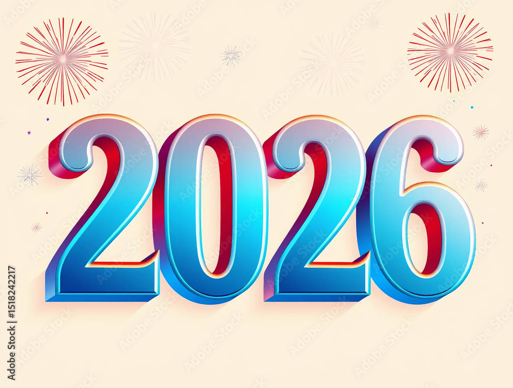 Brightly colored number 2026 reflecting the new year on white background. Artwork created with generative ai.Happy new year 2026 Brightly colored number 2026 reflecting the new year on white background. Artwork created with generative ai.Happy new year 2026