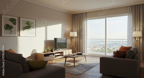 Sunlit Modern Living Room with City View and Tropical Leaf Art