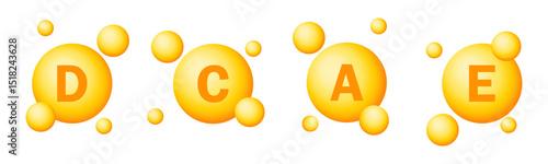 Immunity vitamins vector set. Yellow bubbles  display vitamins letters D, C, A, E in a playful, artistic style on a simple background.