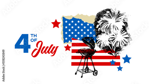 4th of July collage with American flag. Independence Day vintage hand drawn sketch design