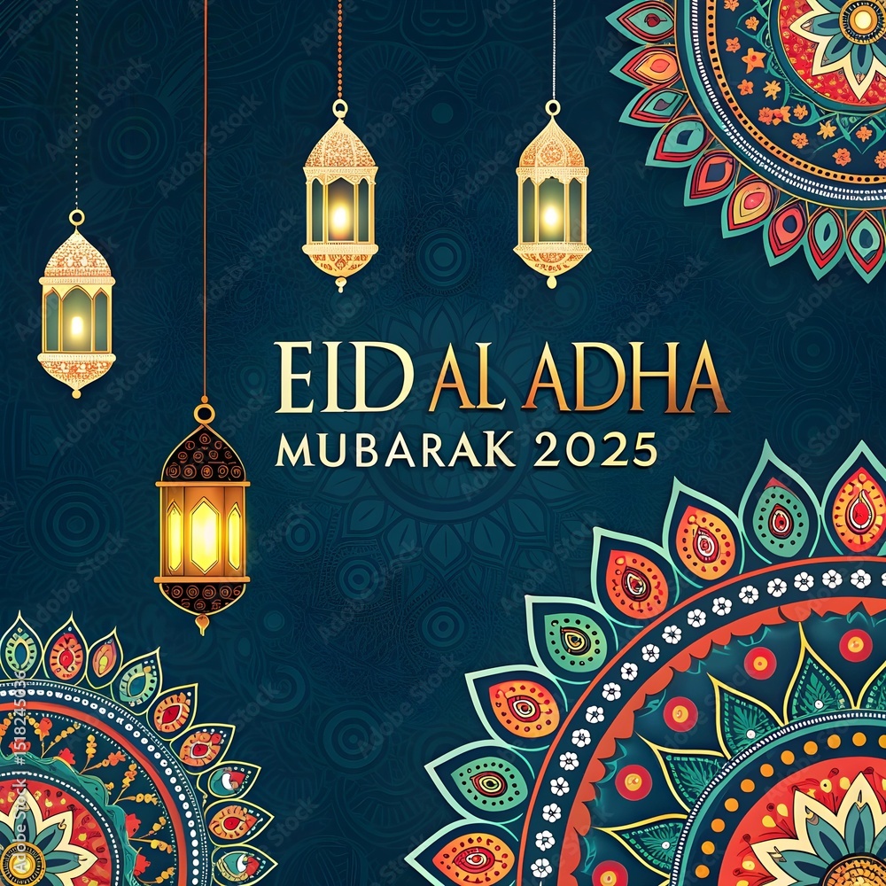Naklejka premium Vibrant Eid Al Adha Mubarak 2025 with Hanging Lanterns and Mandala Motifs.
